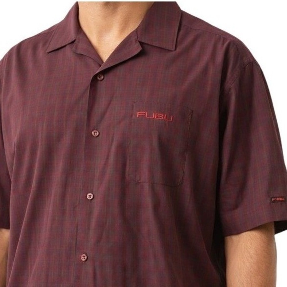 Vtg 90s FUBU The Collection Shirt Mens 2XL Burgundy Short Sleeve Y2K Urban Baggy